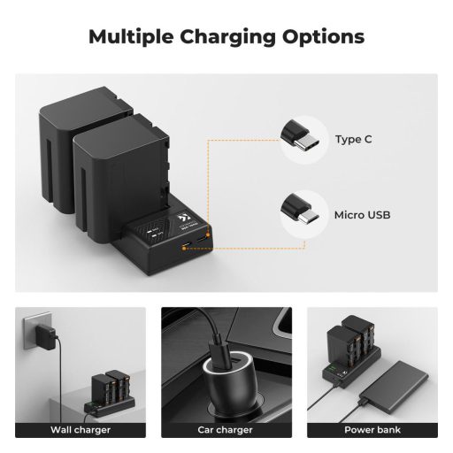 K&F Concept hordozható dupla USB-C akkumulátor NP-F970 töltő + 2db NP-F970 akkumulátor 6600mAh