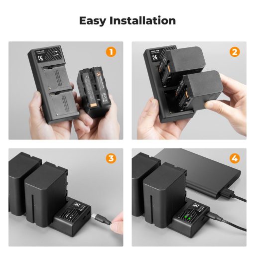 K&F Concept hordozható dupla USB-C akkumulátor NP-F970 töltő + 2db NP-F970 akkumulátor 6600mAh