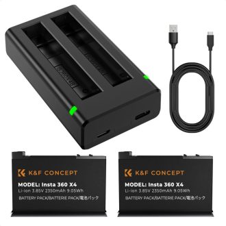   K&F Concept hordozható dupla USB-C akkumulátor töltő + 2db Insta 360 X4 akkumulátor 2350mAh