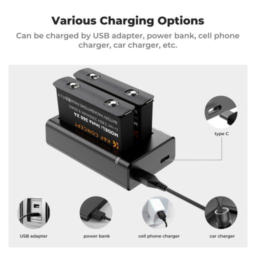 K&F Concept hordozható dupla USB-C akkumulátor töltő + 2db Insta 360 X4 akkumulátor 2350mAh