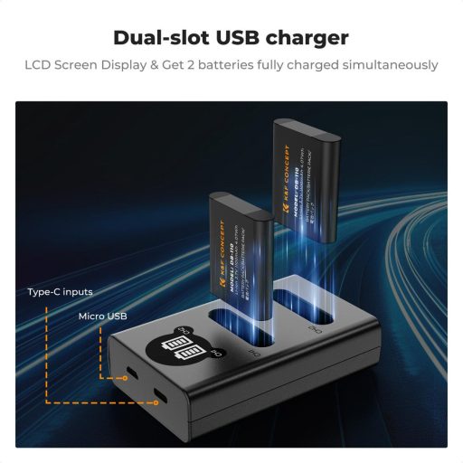 K&F Concept hordozható dupla USB-C akkumulátor BJ-11 töltő, LCD + 2db DB-110 akkumulátor 1100mAh