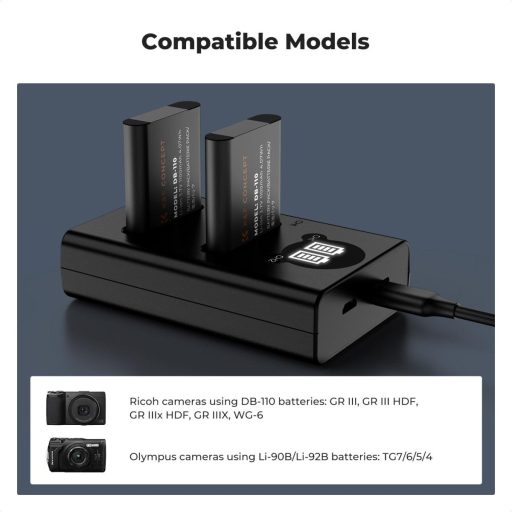 K&F Concept hordozható dupla USB-C akkumulátor BJ-11 töltő, LCD + 2db DB-110 akkumulátor 1100mAh