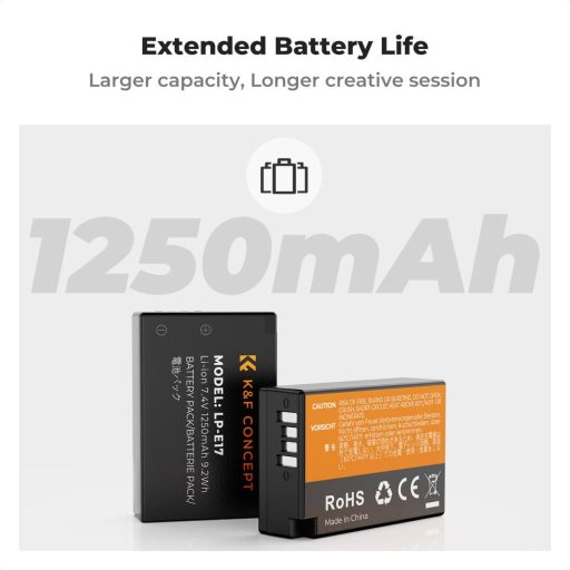 K&F Concept hordozható tripla USB-C akkumulátor LC-E17 töltő, LCD + 3db LP-E17 akkumulátor 1250mAh