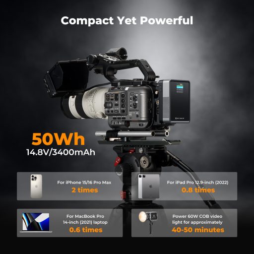 K&F Concept V-Mount Mini Pro akkumulátor, 50Wh, 3400mAh, 65W töltés, D-TAP, BP, DC, TFT kijelző