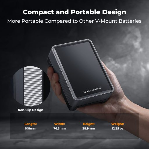 K&F Concept V-Mount Mini Pro akkumulátor, 50Wh, 3400mAh, 65W töltés, D-TAP, BP, DC, TFT kijelző