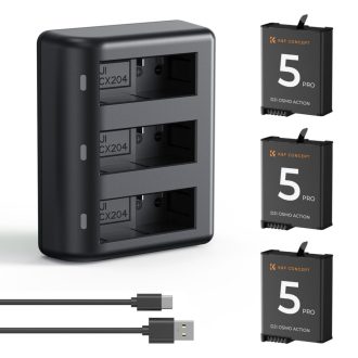   K&F Concept hordozható tripla USB-C akkumulátor töltő +3db DJI Osmo Action 5 Pro/4/3 akku 2100mAh