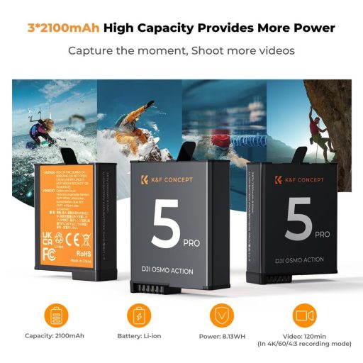 K&F Concept hordozható tripla USB-C akkumulátor töltő +3db DJI Osmo Action 5 Pro/4/3 akku 2100mAh