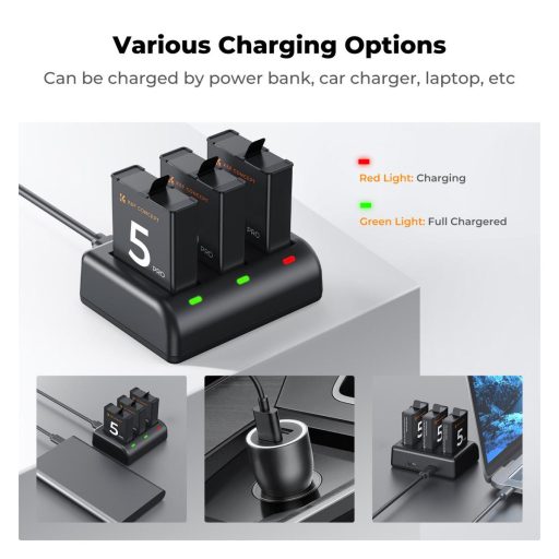 K&F Concept hordozható tripla USB-C akkumulátor töltő +3db DJI Osmo Action 5 Pro/4/3 akku 2100mAh