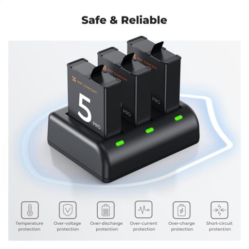 K&F Concept hordozható tripla USB-C akkumulátor töltő +3db DJI Osmo Action 5 Pro/4/3 akku 2100mAh