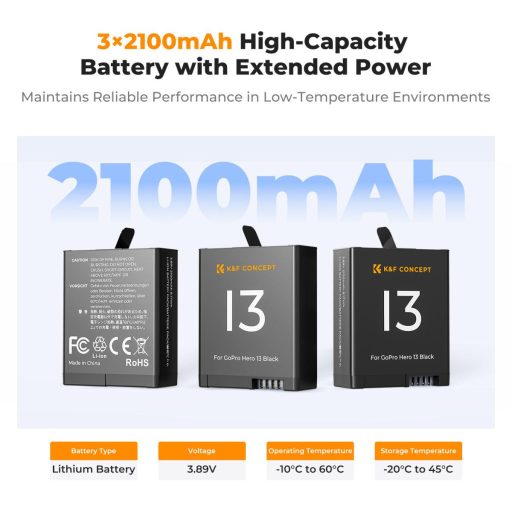 K&F Concept hordozható tripla USB-C akkumulátor töltő, LCD +3db GoPro Hero 13 akkumulátor 2100mAh