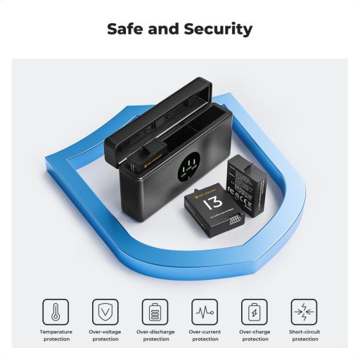 K&F Concept hordozható tripla USB-C akkumulátor töltő, LCD +3db GoPro Hero 13 akkumulátor 2100mAh