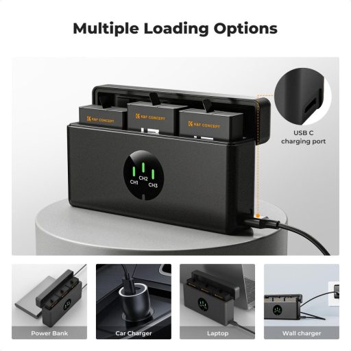 K&F Concept hordozható tripla USB-C akkumulátor töltő, LCD +3db GoPro Hero 13 akkumulátor 2100mAh