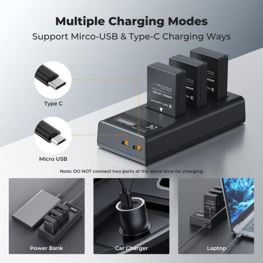 K&F Concept hordozható tripla USB-C akkumulátor LC-E12 töltő, LCD + 3db LP-E12 akkumulátor 1100mAh