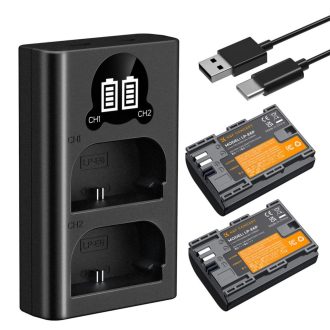   K&F Concept hordozható dupla USB-C akkumulátor LC-E6P töltő, LCD + 2db LP-E6P akkumulátor 2400mAh