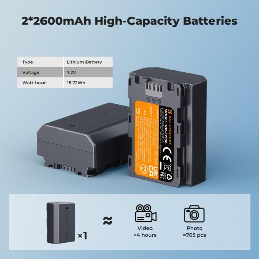 K&F Concept hordozható dupla USB-C akkumulátor NP-FZ100 töltő + 2db NP-FZ100 akkumulátor 2600mAh