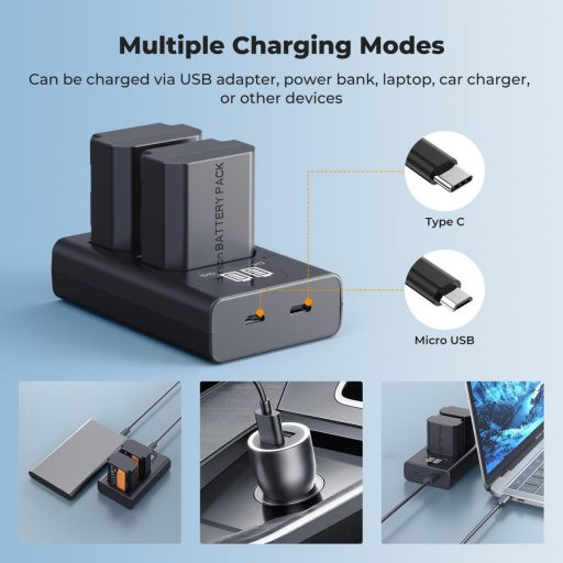 K&F Concept hordozható dupla USB-C akkumulátor NP-FZ100 töltő + 2db NP-FZ100 akkumulátor 2600mAh