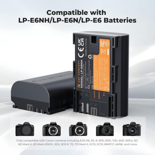 K&F Concept hordozható dupla USB-C akkumulátor LC-E6 töltő, LCD + 2db LP-E6NH akkumulátor 2600mAh