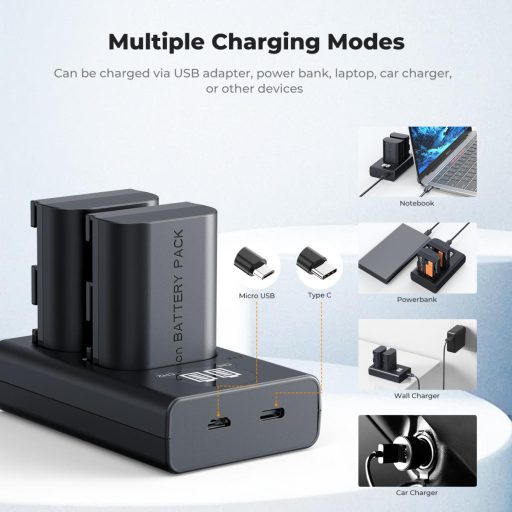 K&F Concept hordozható dupla USB-C akkumulátor LC-E6 töltő, LCD + 2db LP-E6NH akkumulátor 2600mAh