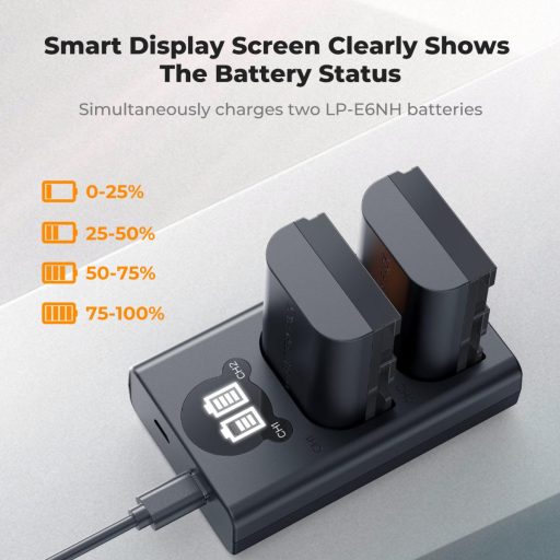 K&F Concept hordozható dupla USB-C akkumulátor LC-E6 töltő, LCD + 2db LP-E6NH akkumulátor 2600mAh