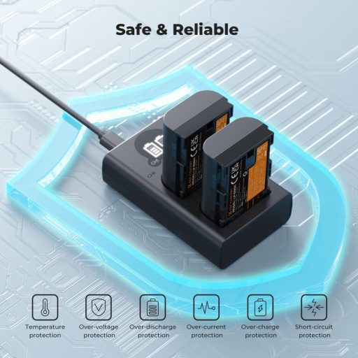 K&F Concept hordozható dupla USB-C akkumulátor LC-E6 töltő, LCD + 2db LP-E6NH akkumulátor 2600mAh