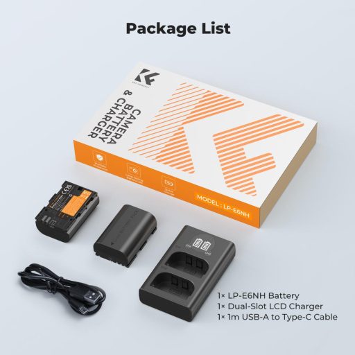 K&F Concept hordozható dupla USB-C akkumulátor LC-E6 töltő, LCD + 2db LP-E6NH akkumulátor 2600mAh