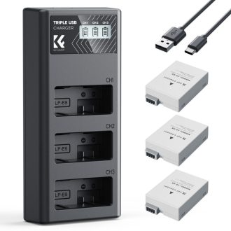   K&F Concept hordozható tripla USB-C akkumulátor LC-E12E töltő, LCD + 3db LP-E8 akkumulátor 1200mAh