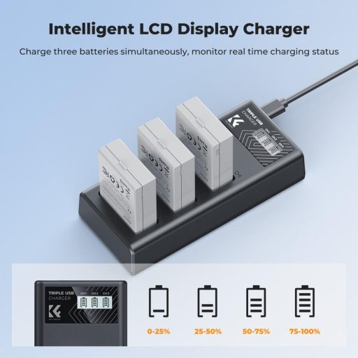 K&F Concept hordozható tripla USB-C akkumulátor LC-E12E töltő, LCD + 3db LP-E8 akkumulátor 1200mAh