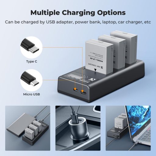 K&F Concept hordozható tripla USB-C akkumulátor LC-E12E töltő, LCD + 3db LP-E8 akkumulátor 1200mAh