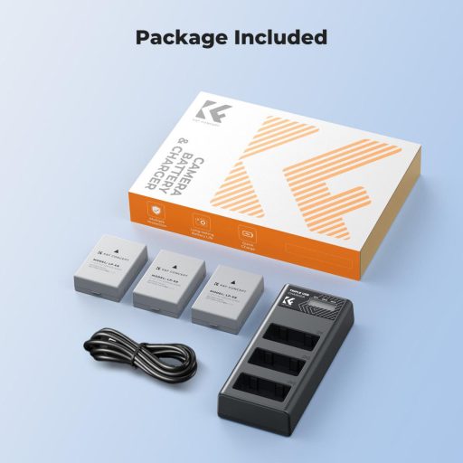 K&F Concept hordozható tripla USB-C akkumulátor LC-E12E töltő, LCD + 3db LP-E8 akkumulátor 1200mAh