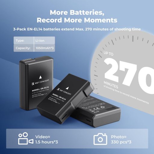 K&F Concept hordozható tripla USB-C akkumulátor MH-24 töltő, LCD + 3db EN-EL14 akkumulátor 1050mAh