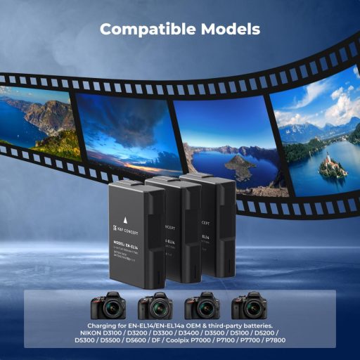 K&F Concept hordozható tripla USB-C akkumulátor MH-24 töltő, LCD + 3db EN-EL14 akkumulátor 1050mAh