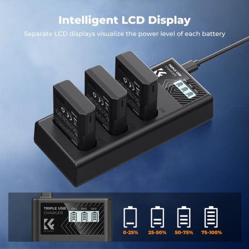 K&F Concept hordozható tripla USB-C akkumulátor MH-24 töltő, LCD + 3db EN-EL14 akkumulátor 1050mAh