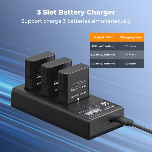 K&F Concept hordozható tripla USB-C akkumulátor MH-24 töltő, LCD + 3db EN-EL14 akkumulátor 1050mAh