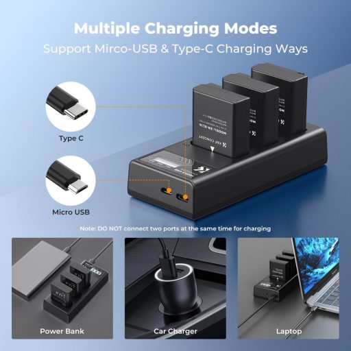 K&F Concept hordozható tripla USB-C akkumulátor MH-24 töltő, LCD + 3db EN-EL14 akkumulátor 1050mAh