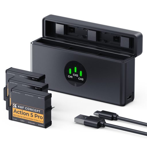 K&F Concept tripla USB-C akkumulátor töltő +3db DJI Osmo 360, Action 5 Pro/4/3 akku 2100mAh