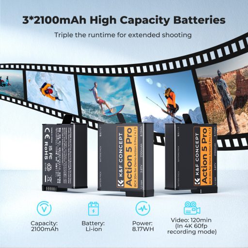 K&F Concept tripla USB-C akkumulátor töltő +3db DJI Osmo 360, Action 5 Pro/4/3 akku 2100mAh