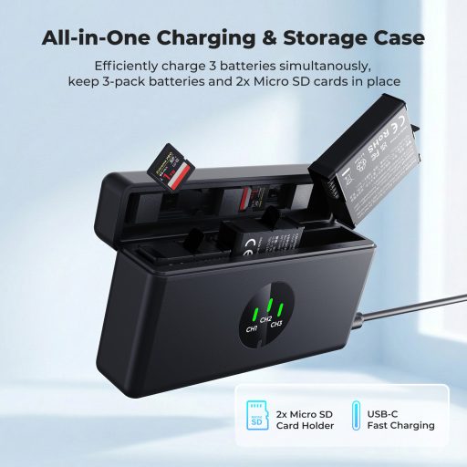 K&F Concept tripla USB-C akkumulátor töltő +3db DJI Osmo 360, Action 5 Pro/4/3 akku 2100mAh