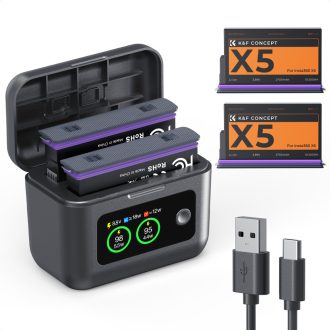   K&F Concept hordozható dupla USB-C akkumulátor töltő +2db Insta 360 X5 akkumulátor, 2700mAh