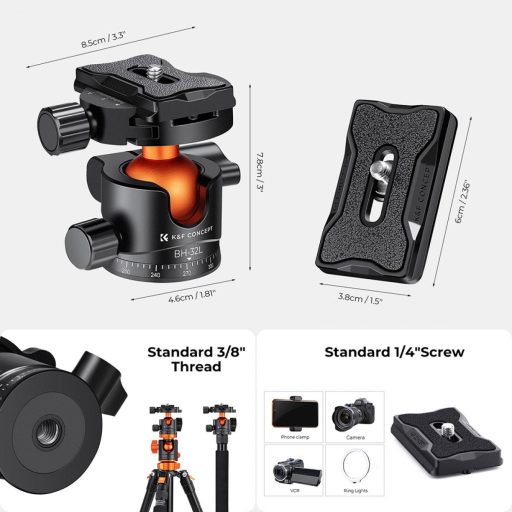 K&F Concept BH-32L állvány gömbfej, 32mm, 12kg teherbírás, vízmérték, arca swiss, 3/8"-1/4"