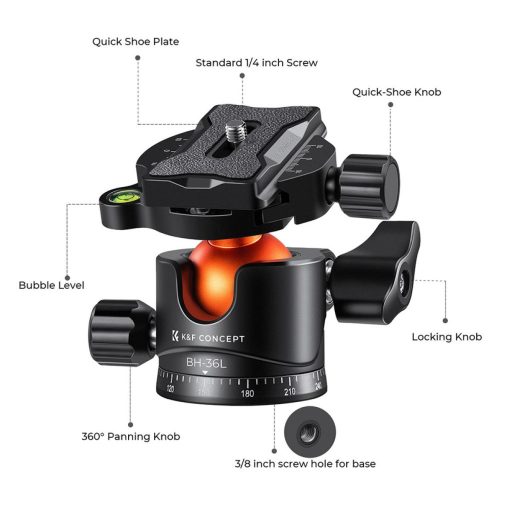 K&F Concept BH-36L állvány gömbfej, 16kg teherbírás, vízmérték, arca swiss, 3/8"-1/4"