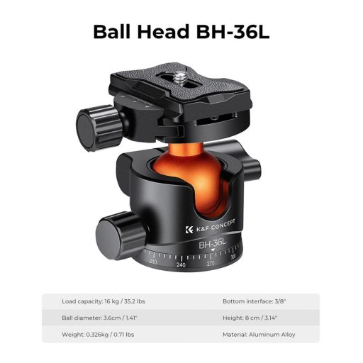 K&F Concept BH-36L állvány gömbfej, 16kg teherbírás, vízmérték, arca swiss, 3/8"-1/4"