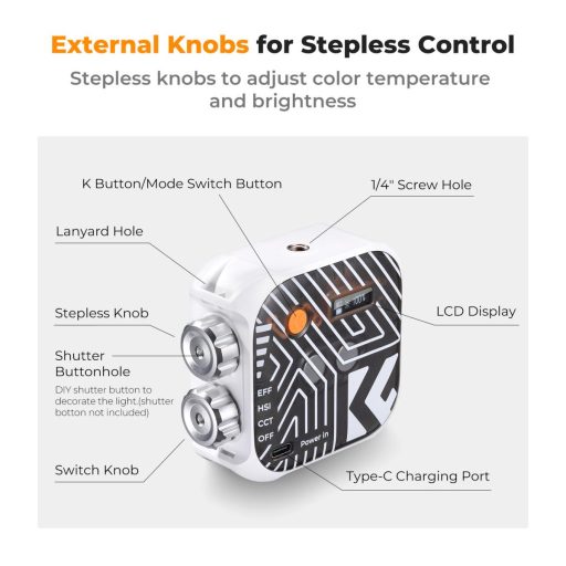 K&F Concept RGB LED lámpa, 2500-9900K, CRI 96+, 2000mAh, 21 fényeffekt, fehér