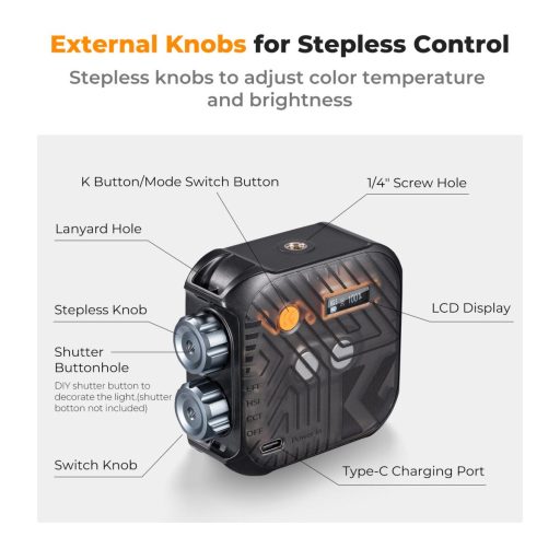 K&F Concept RGB LED lámpa, 2500-9900K, CRI 96+, 2000mAh, 21 fényeffekt, fekete