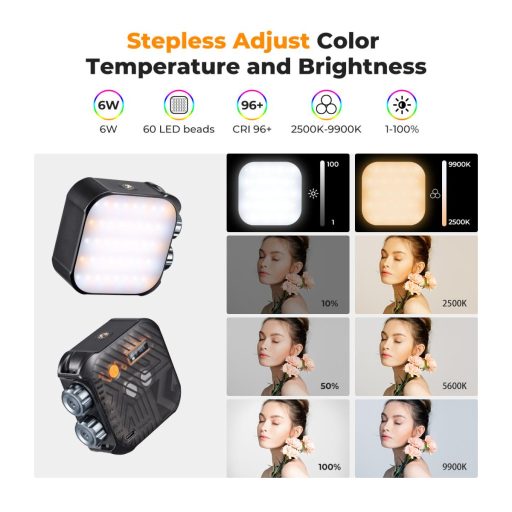 K&F Concept RGB LED lámpa, 2500-9900K, CRI 96+, 2000mAh, 21 fényeffekt, fekete