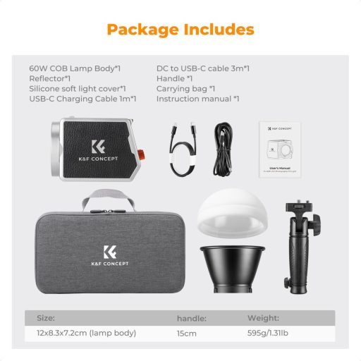 K&F Concept 60W BI COB led lámpa, 2700K-6500K, 97CRI, 12 effekt, 13500mAh, APP, Bowens