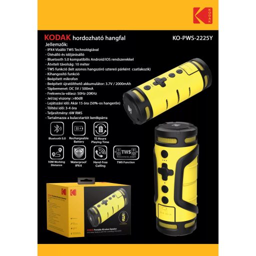 Kodak hordozható hangszóró, 6W teljesítmény, 3.7V/2000mAh akkumulátor, kulacstartóval kerékpárra