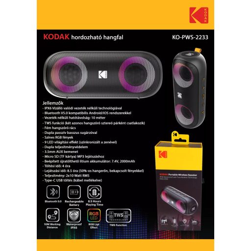 Kodak hordozható hangszóró, 2x10W teljesítmény, 7.4V/2000mAh akkumulátor, ipx6 fokozottan vízálló