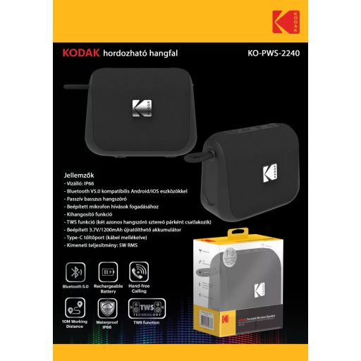 Kodak hordozható hangszóró, 5W teljesítmény, 3.7V/1200mAh akkumulátor
