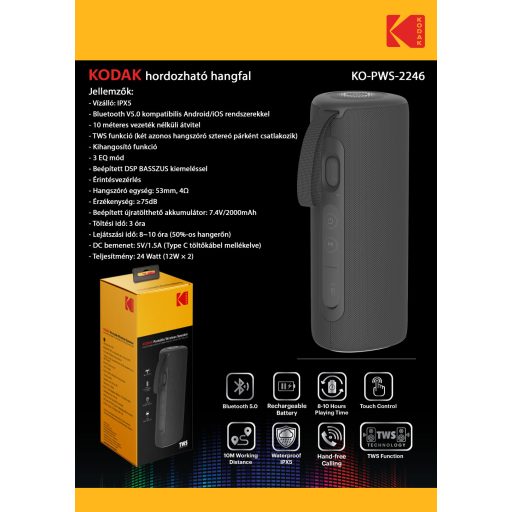 Kodak hordozható hangszóró, 24W teljesítmény, 7.4V/2000mAh akkumulátor, ipx5 vízálló