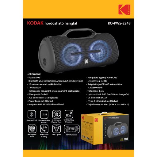 Kodak hordozható hangszóró, 60W teljesítmény,  7.4V/3600mAh akkumulátor, 3 EQ mód, ipx5 vízálló